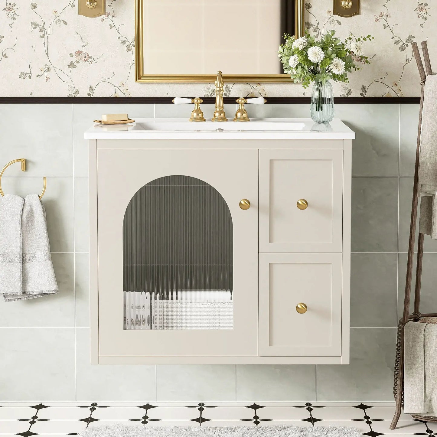 Wall-Mounted bathroom vanity by Unique Piece Furniture with sink, two drawers and gold hardware on Tampa Home & Garden Store