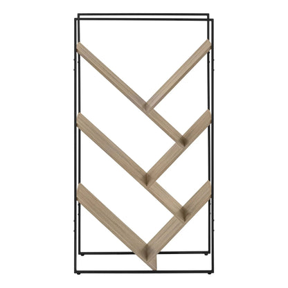 3-tier etagere bookshelf with black metal frame and natural wood crisscross X-brace shelves on Tampa Home & Garden Store