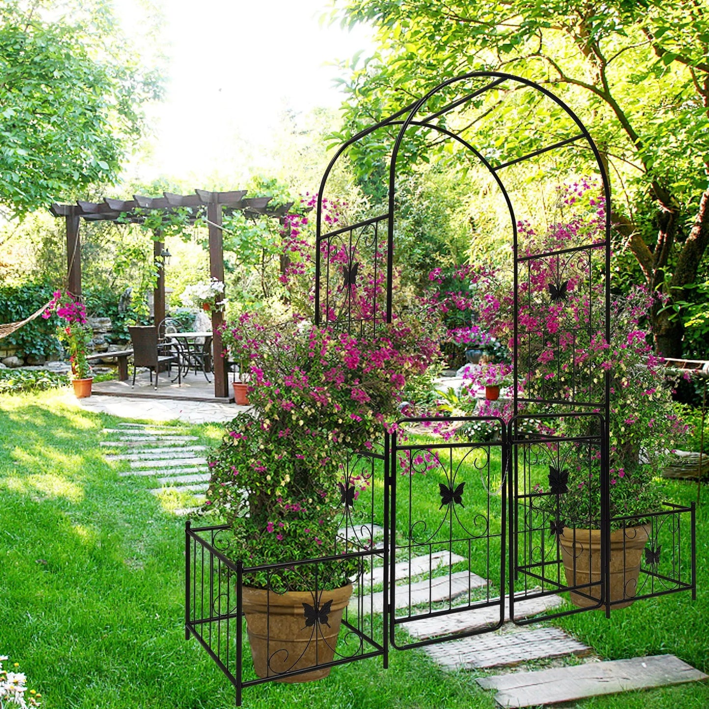 Black metal garden arch with gate for climbing plants, floral lattice panels outdoor decor on Tampa Home & Garden Store