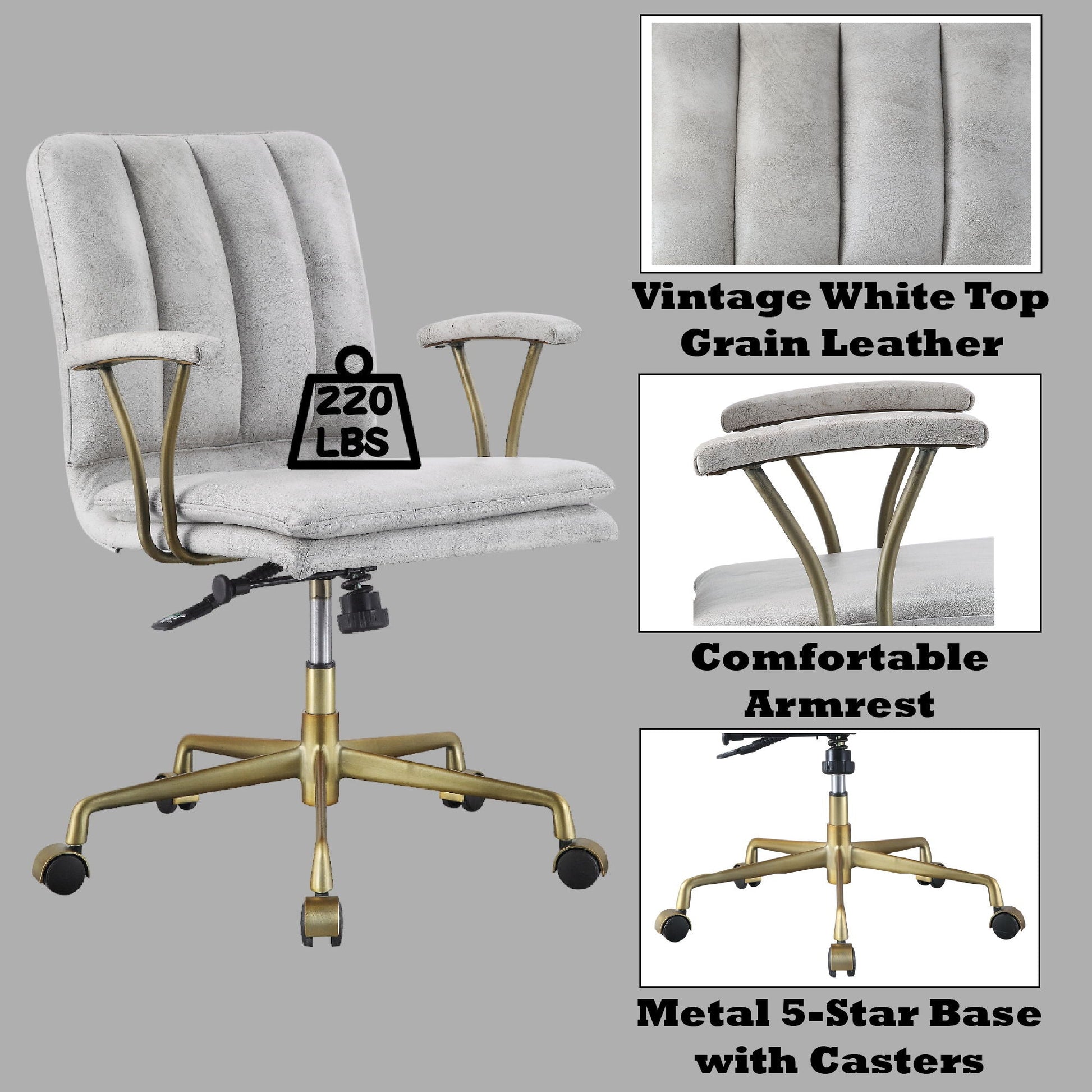 Damir Vintage Top Grain Leather Office Chair antique white brass base casters on Tampa Home & Garden Store