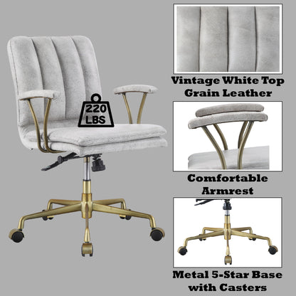 Damir Vintage Top Grain Leather Office Chair antique white brass base casters on Tampa Home & Garden Store