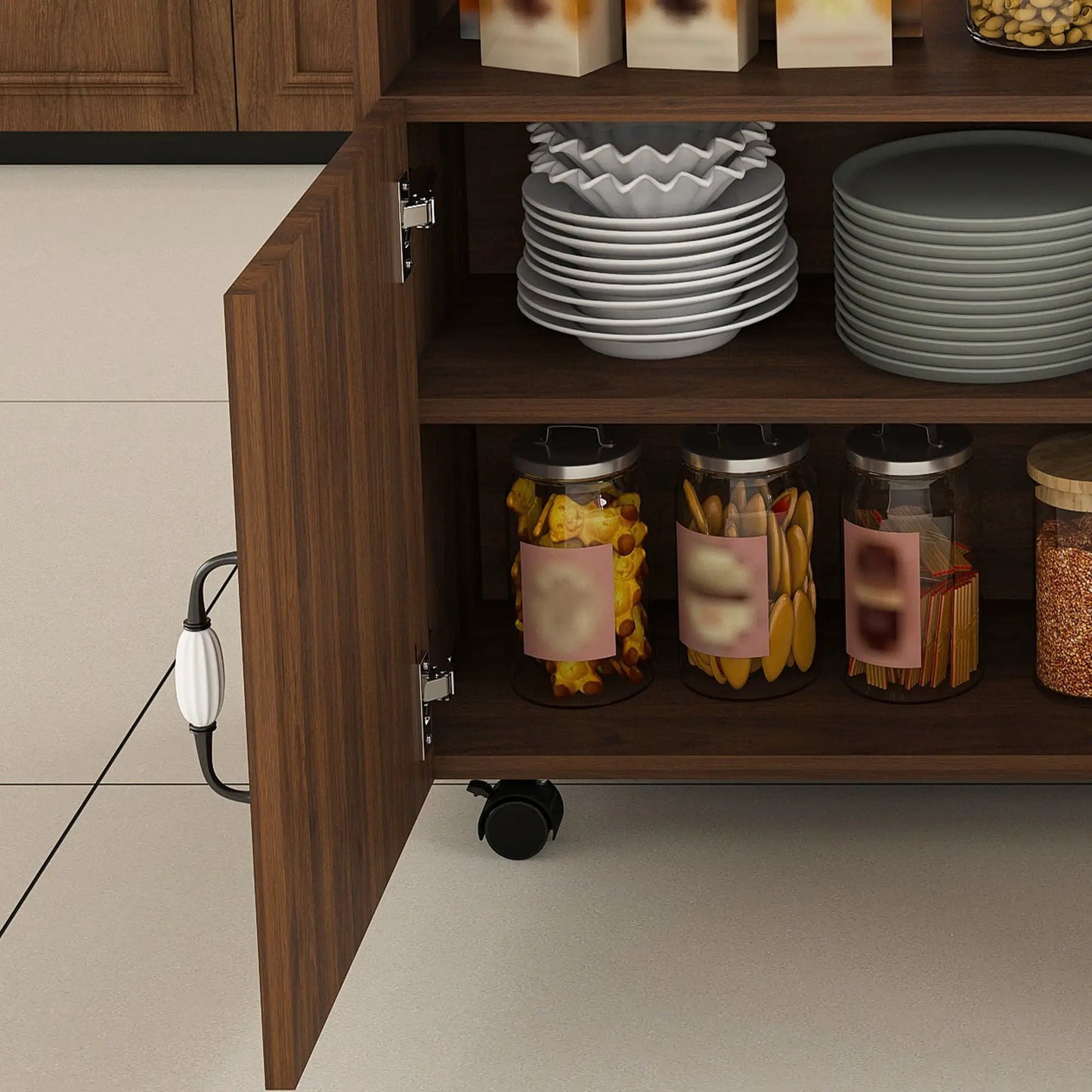 Walnut wood island folding table with wheels and storage shelves, plates stacked on shelves on Tampa Home & Garden Store