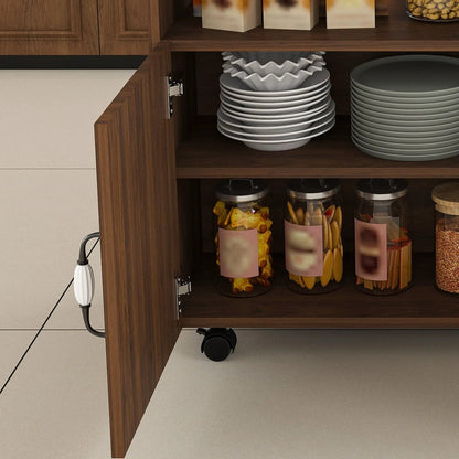 Walnut wood island folding table with wheels and storage shelves, plates stacked on shelves on Tampa Home & Garden Store