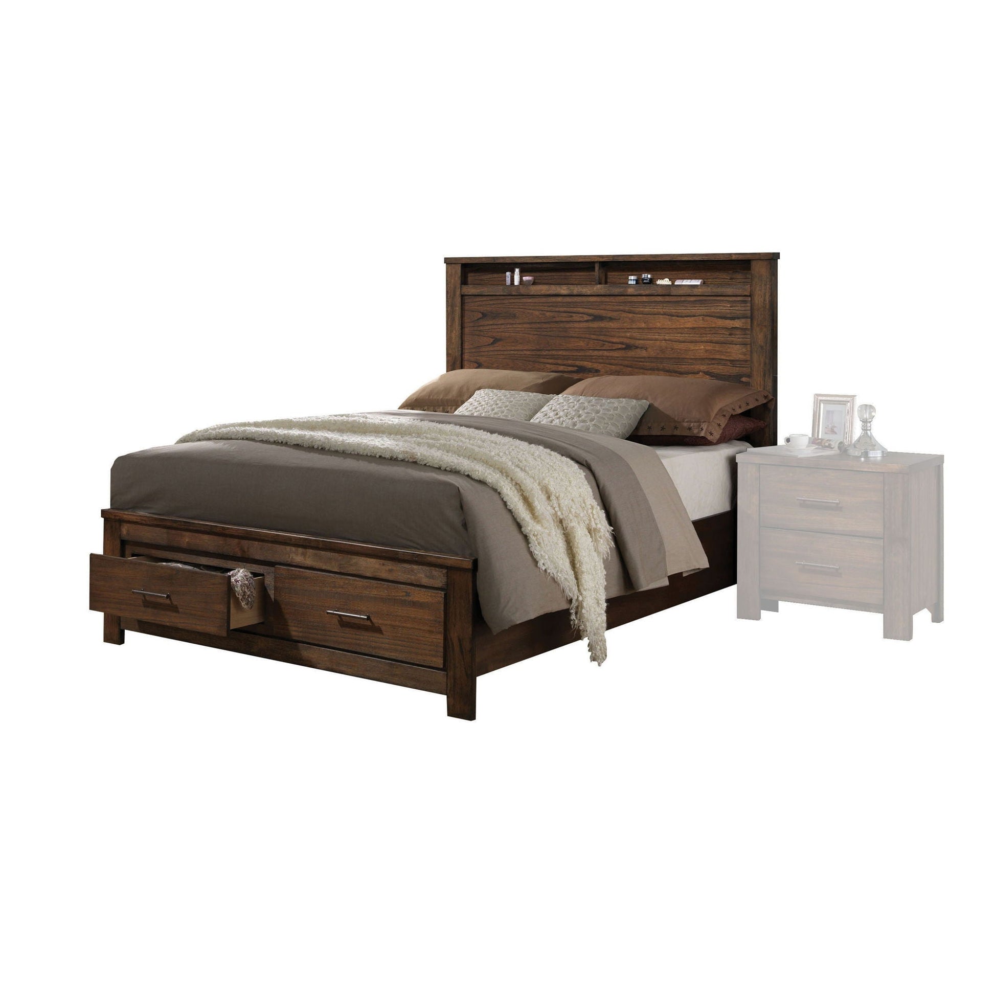 Merrilee Eastern King Bed with Storage Oak finish; dark wood, 2 drawers, cubby headboard on Tampa Home & Garden Store