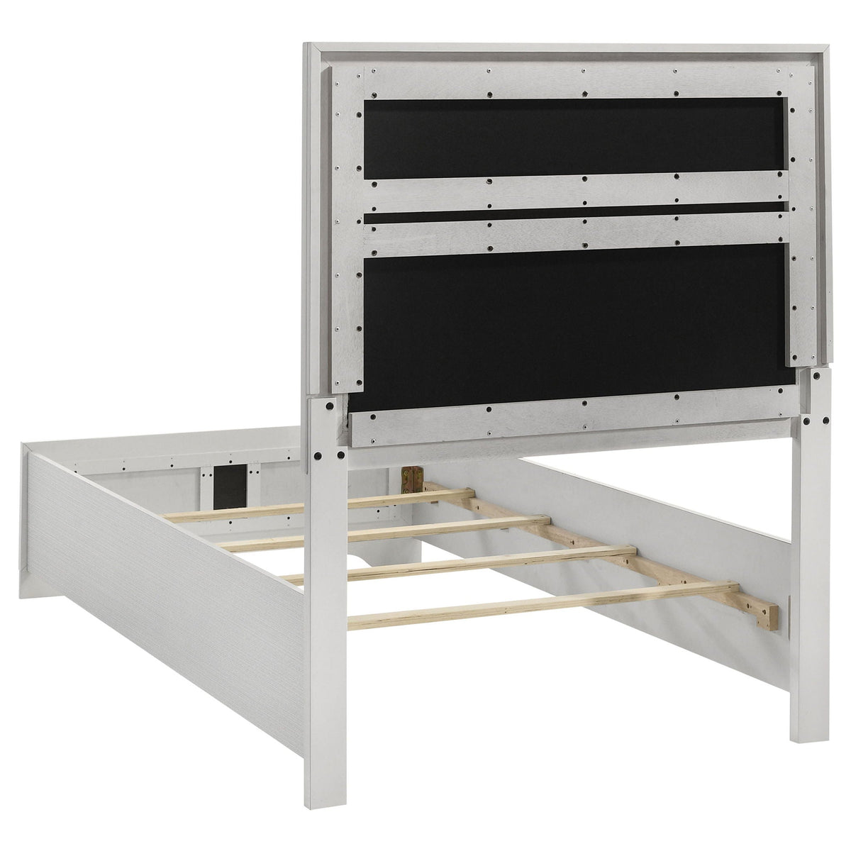 Annie 4 Piece Bedroom Set bed frame by HouseOfZazla in silver metal with black panels on Tampa Home & Garden Store