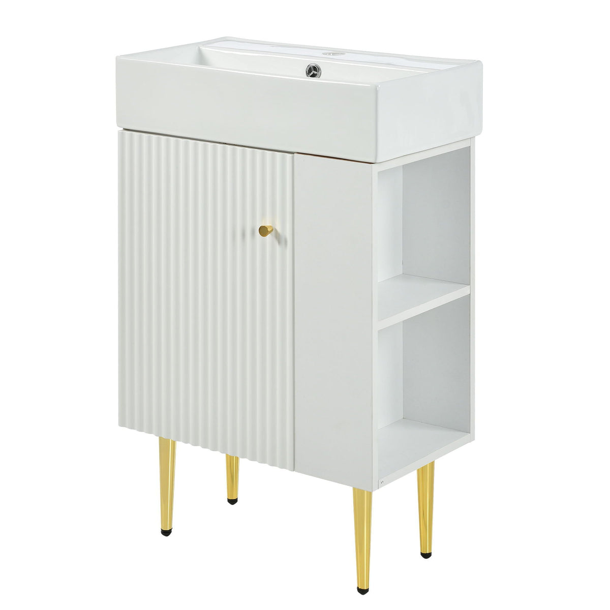Bathroom vanity with single ceramic sink and side storage, ribbed cabinet doors, gold legs on Tampa Home & Garden Store