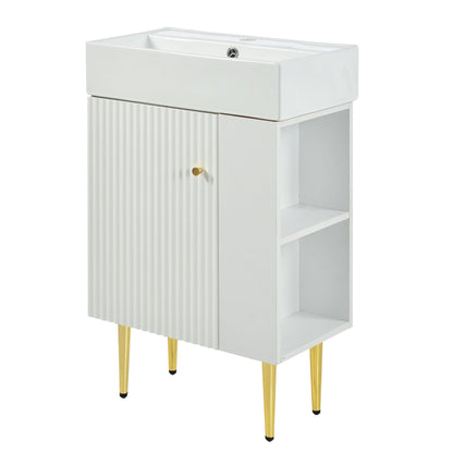 Bathroom vanity with single ceramic sink and side storage, ribbed cabinet doors, gold legs on Tampa Home & Garden Store