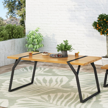 Zora Dining Table with weather-resistant acacia wood top and black industrial iron frame on Tampa Home & Garden Store