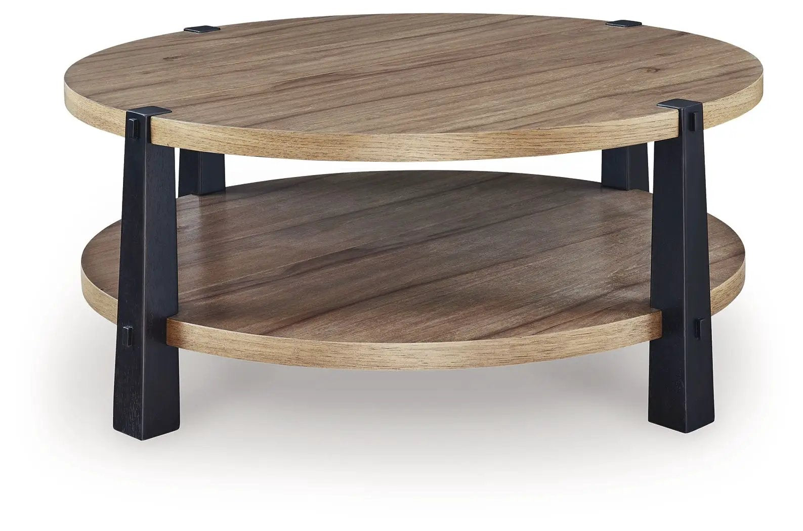 Ridgester Round Table end table two-tier with light oak top and lower shelf black metal legs on Tampa Home & Garden Store