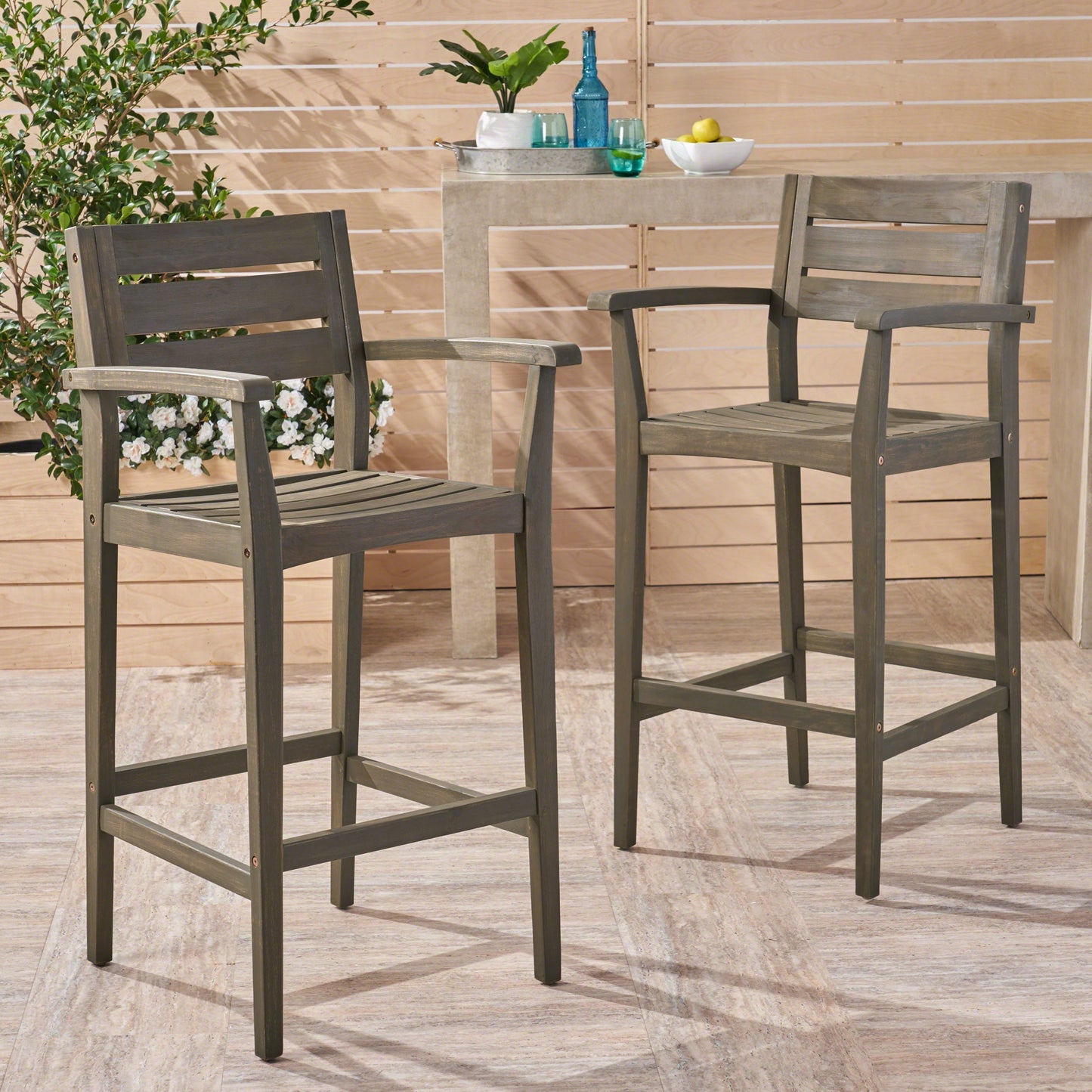 Stamford Barstool set of 2 in gray wood with slats HouseOfZazla on Tampa Home & Garden Store