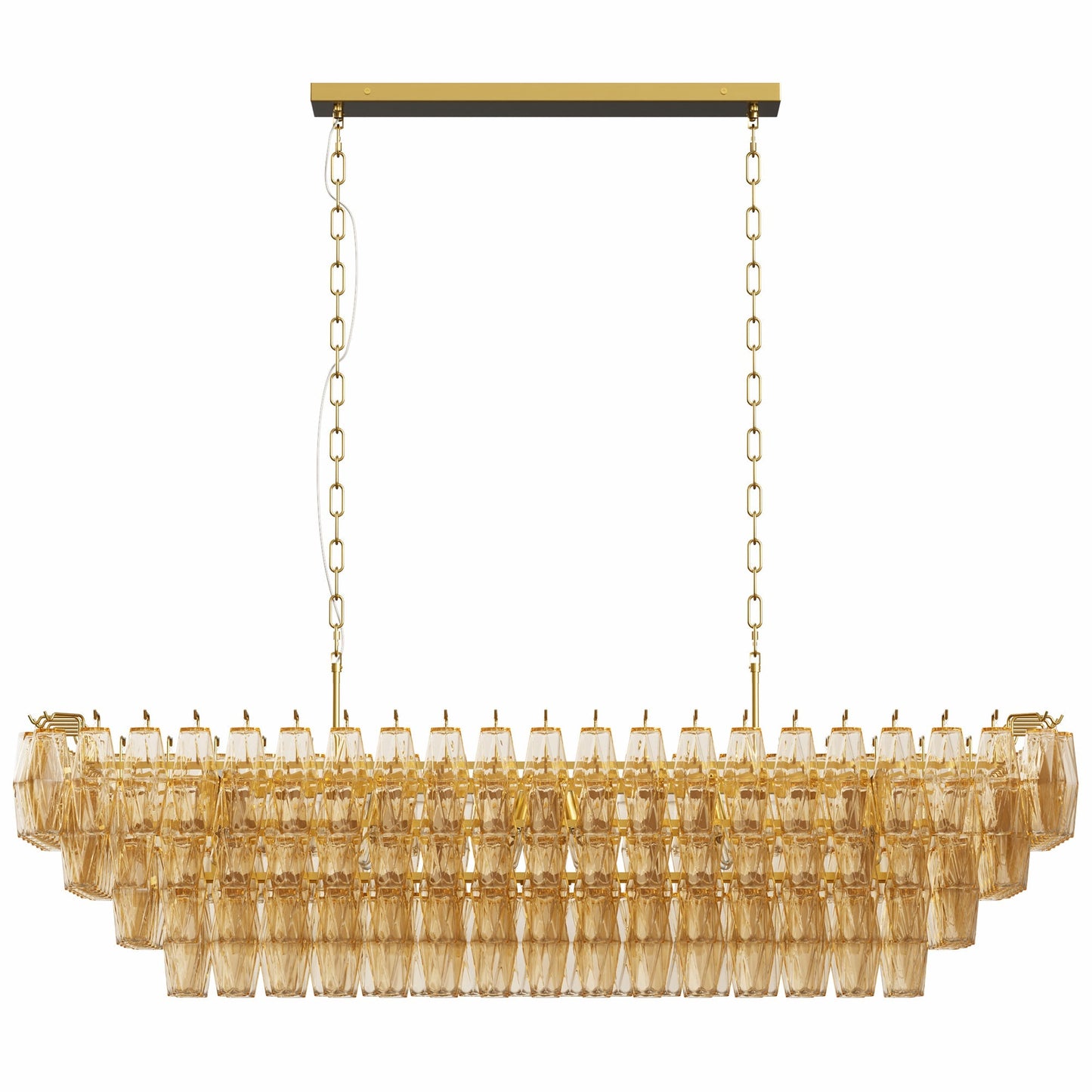 HouseOfZazla dining chandelier, 54in rectangle gold fixture with crystal prisms and chain links on Tampa Home & Garden Store