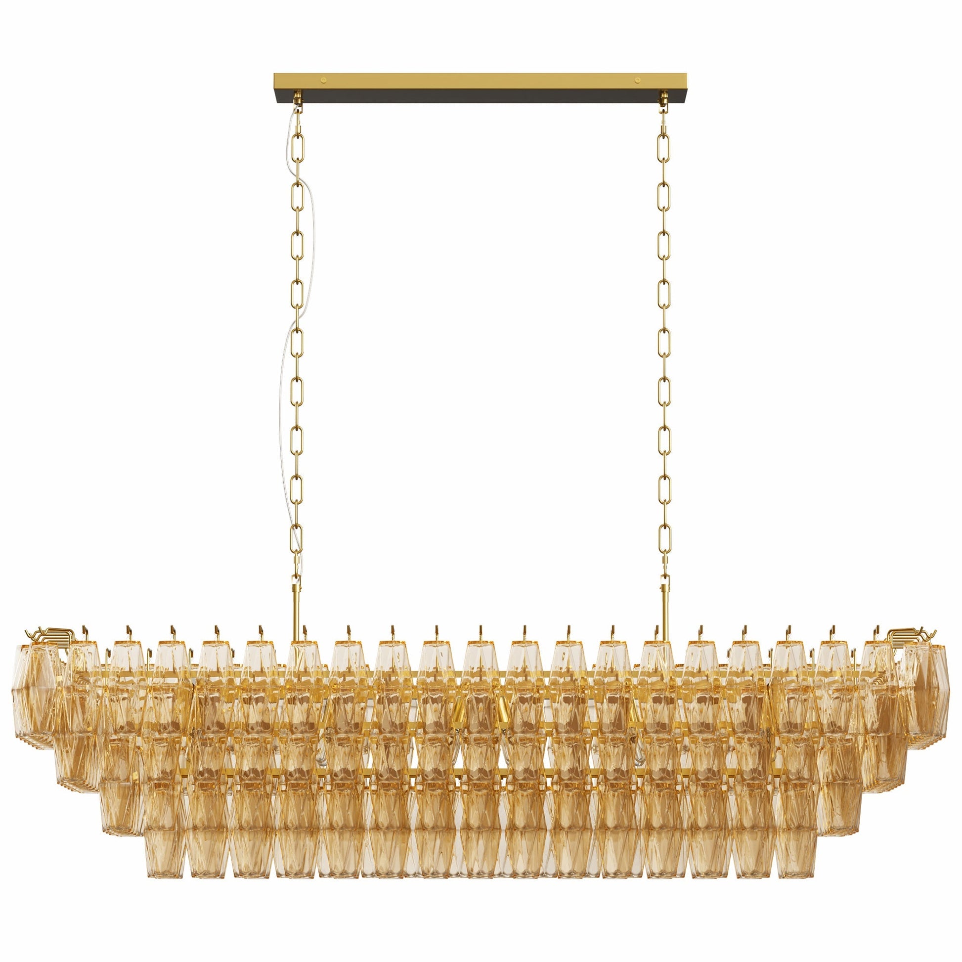 HouseOfZazla dining chandelier, 54in rectangle gold fixture with crystal prisms and chain links on Tampa Home & Garden Store