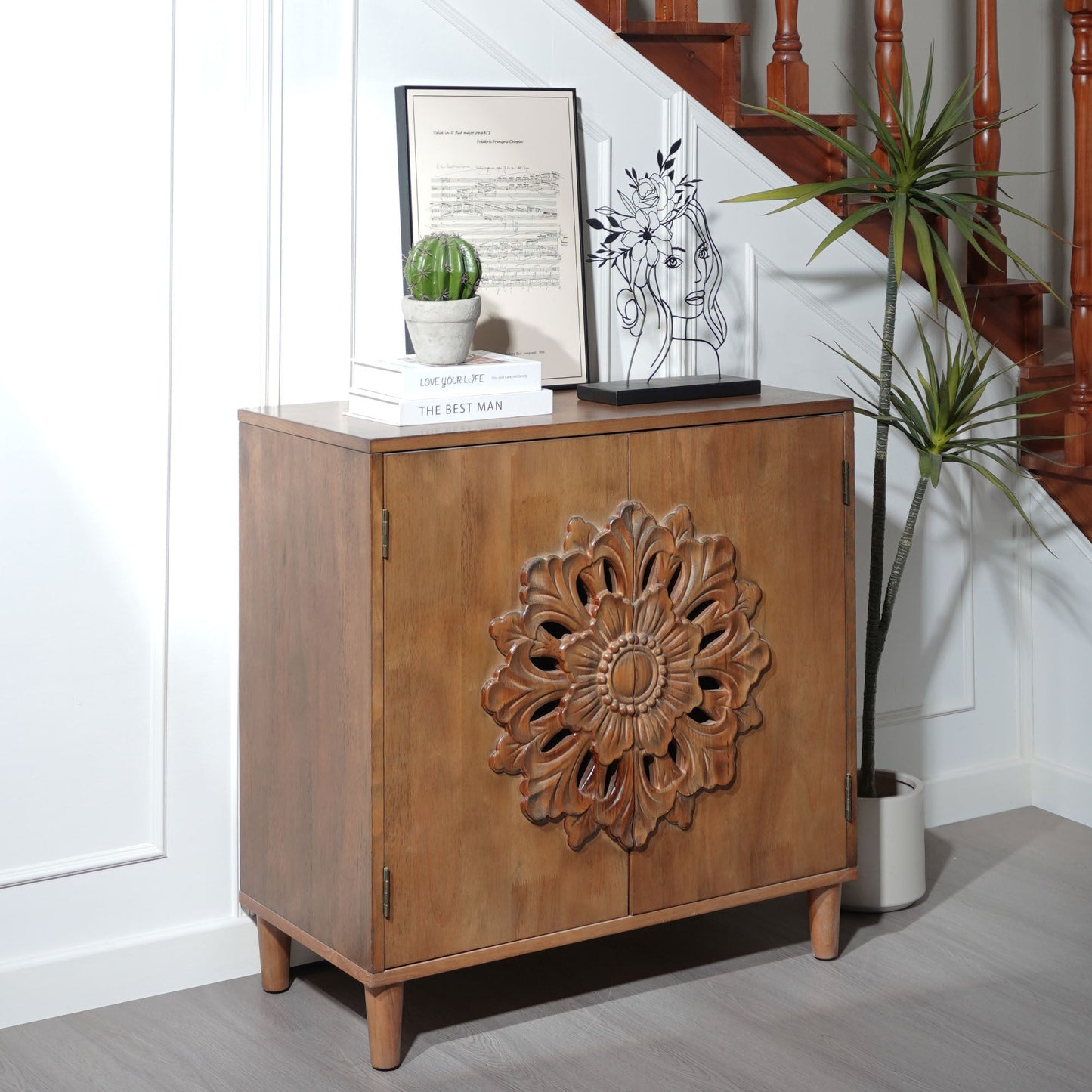 Rustic Hand-Carved Wooden 2-Door Cabinet with ornate floral motif, HouseOfZazla on Tampa Home & Garden Store