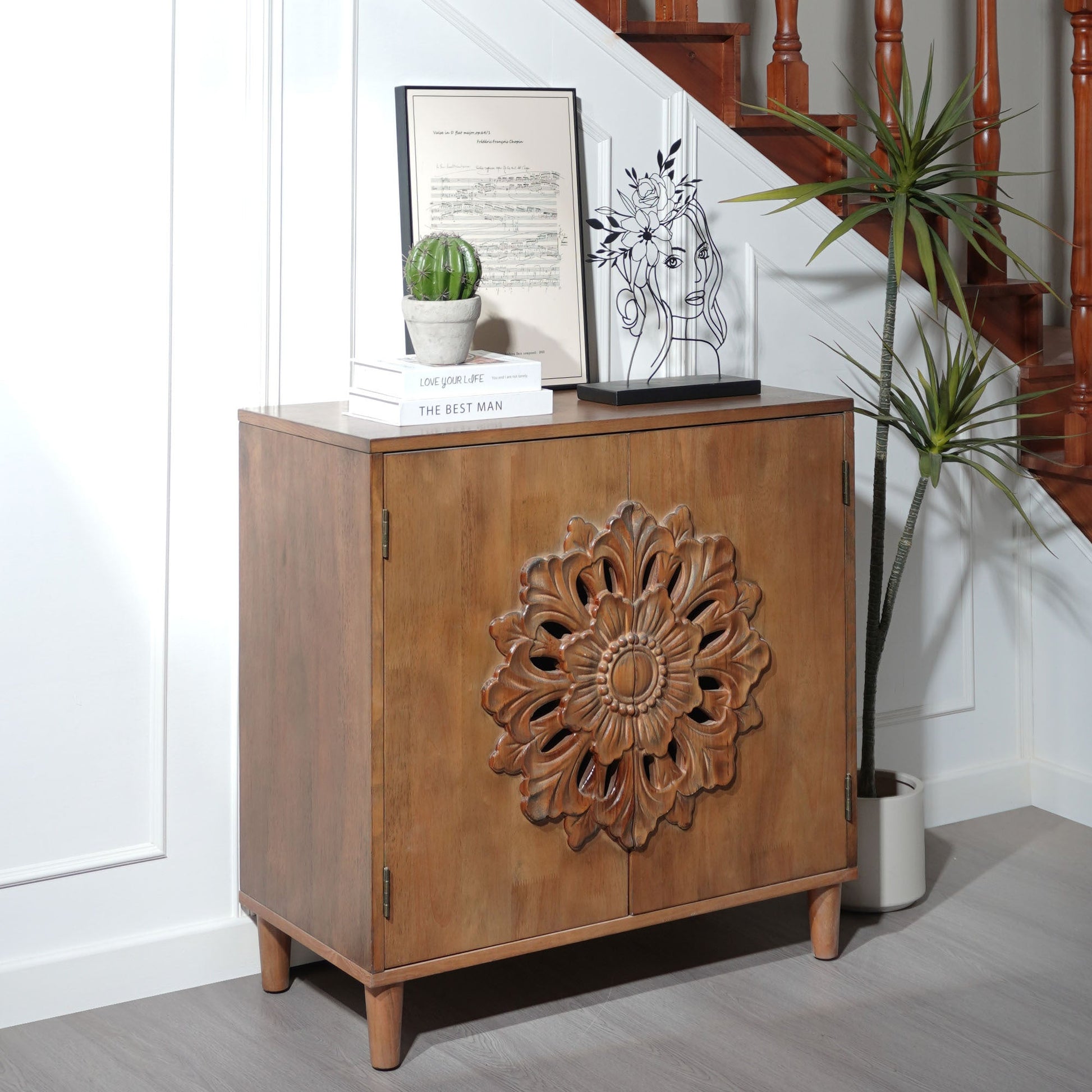 Rustic Hand-Carved Wooden 2-Door Cabinet with ornate floral motif, HouseOfZazla on Tampa Home & Garden Store