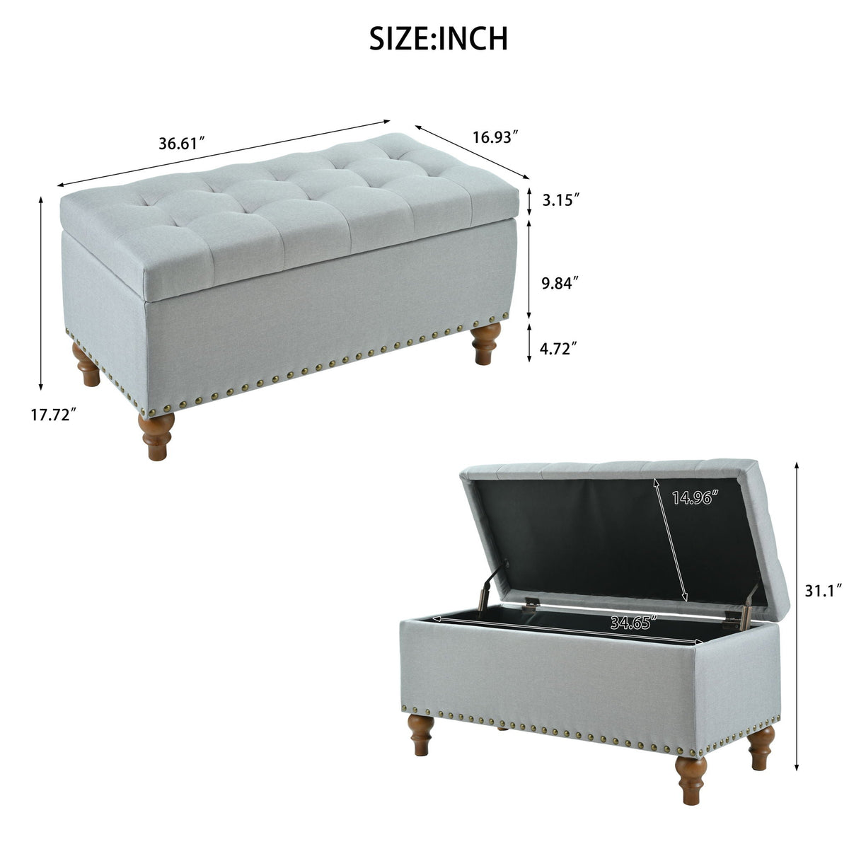 HouseOfZazla upholstered storage ottoman in beige gray with tufted lid and nailhead trim on Tampa Home & Garden Store