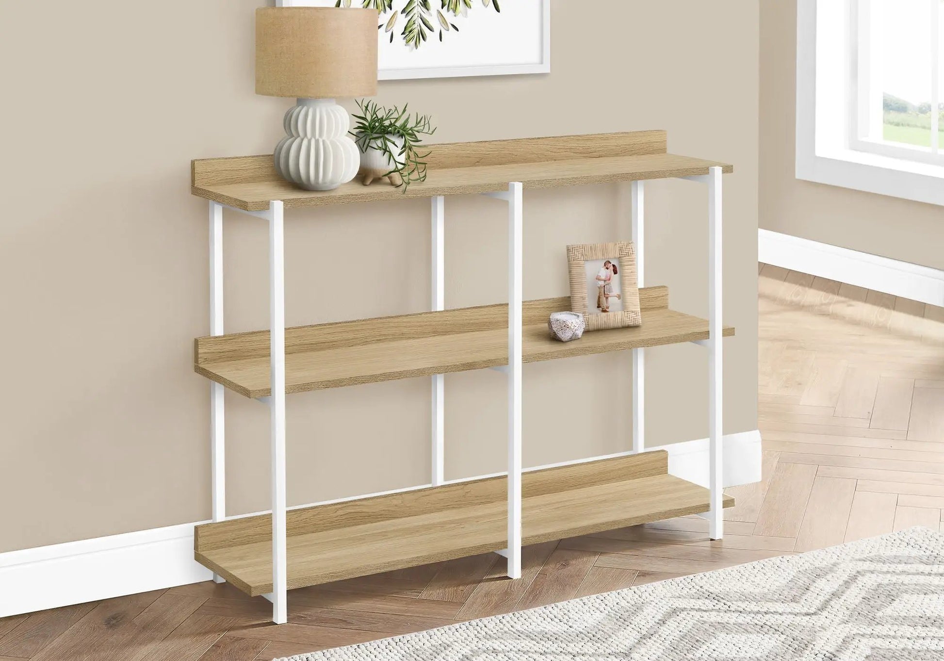 Accent Console Table for Entryway, 3-tier oak shelves with white frame, top lamp and plant decor on Tampa Home & Garden Store