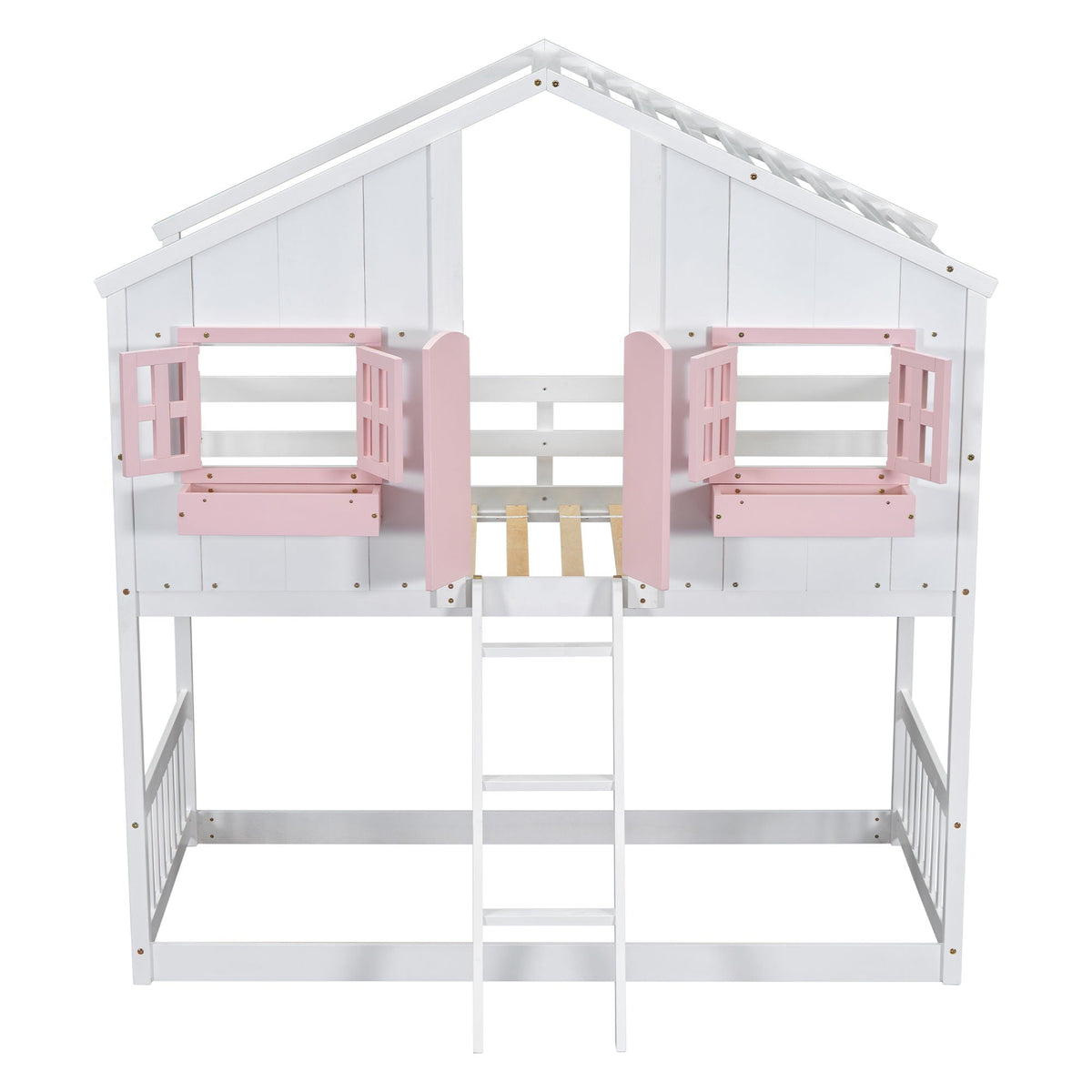 House bunk bed by HouseOfZazla with white frame, pink doors, window boxes and roof lattice on Tampa Home & Garden Store