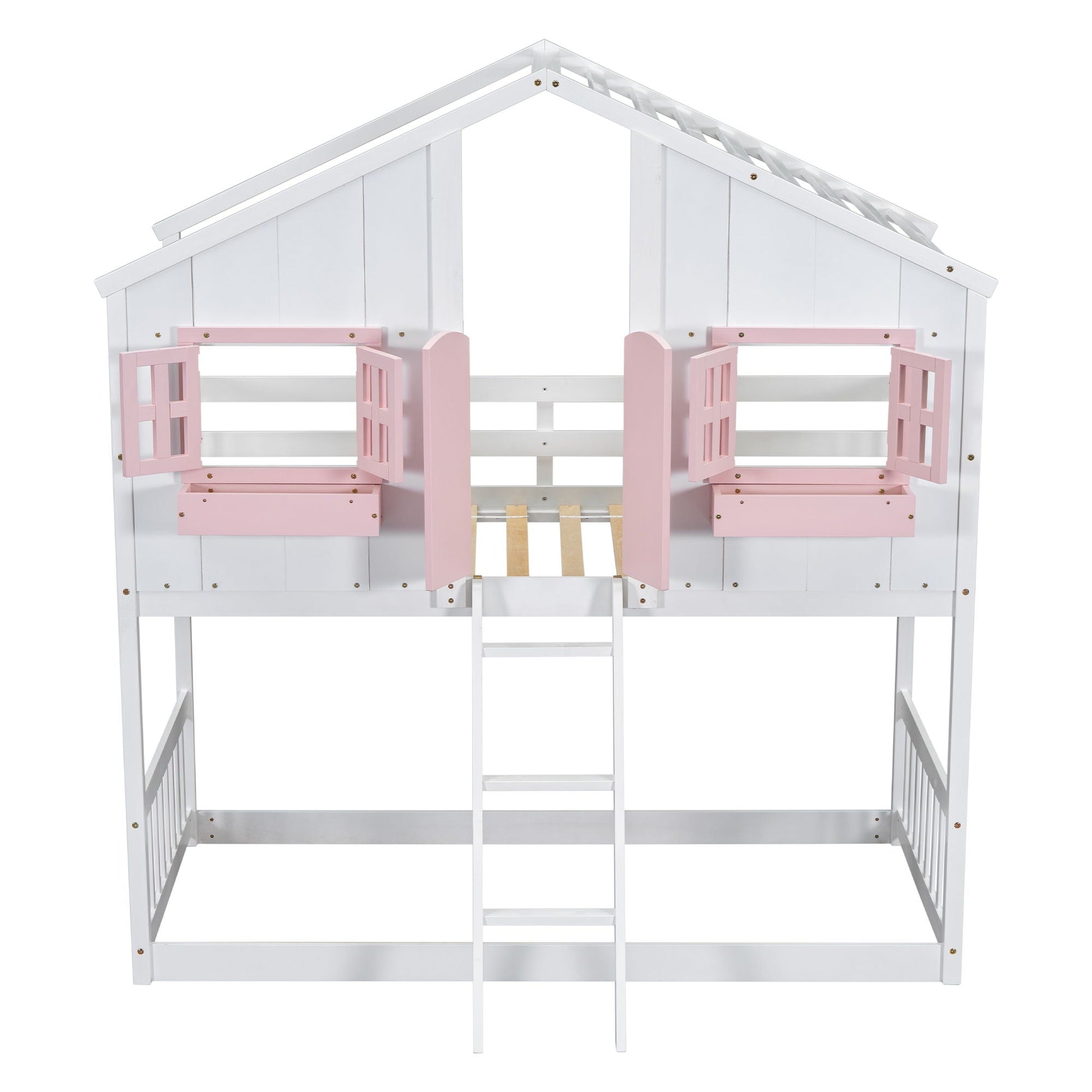 House bunk bed by HouseOfZazla with white frame, pink doors, window boxes and roof lattice on Tampa Home & Garden Store