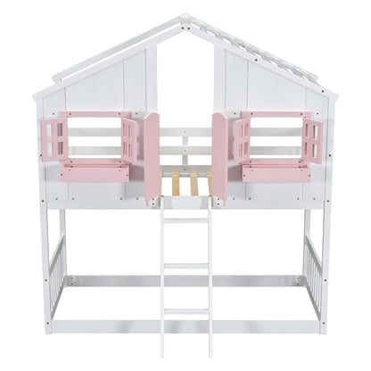 House bunk bed by HouseOfZazla with white frame, pink doors, window boxes and roof lattice on Tampa Home & Garden Store