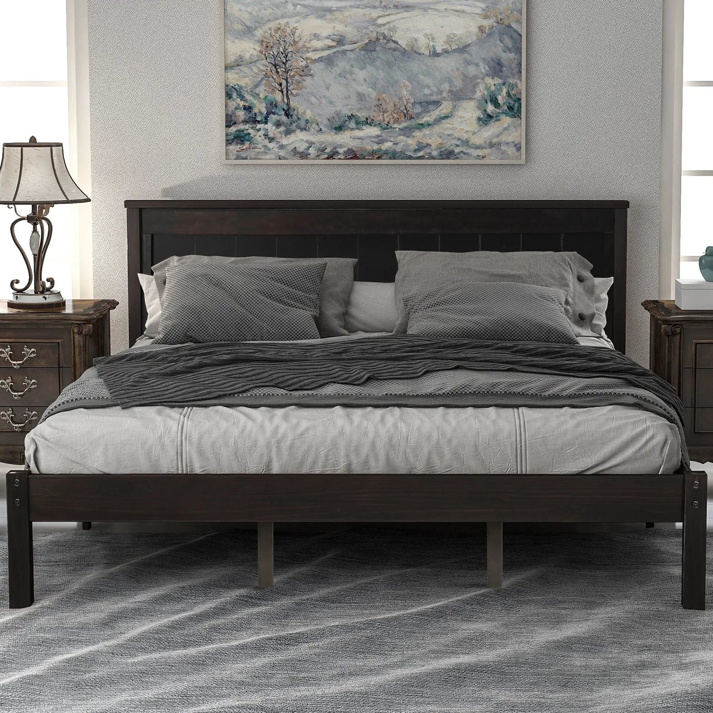 Platform Bed Frame With Headboard in Espresso