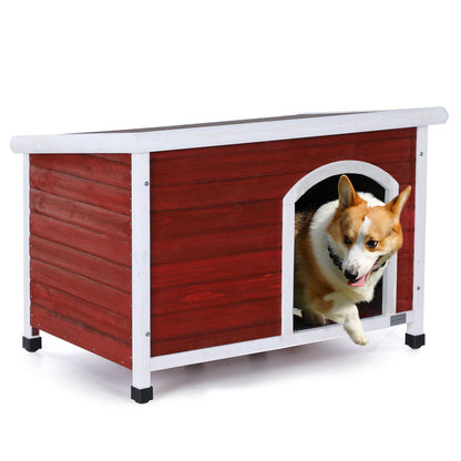Medium wooden outdoor dog house with red panels, white trim, and arched doorway on Tampa Home & Garden Store
