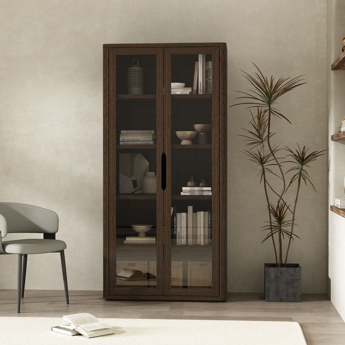 Bookcase cabinet with glass doors and adjustable shelves in dark brown wood by HouseOfZazla on Tampa Home & Garden Store