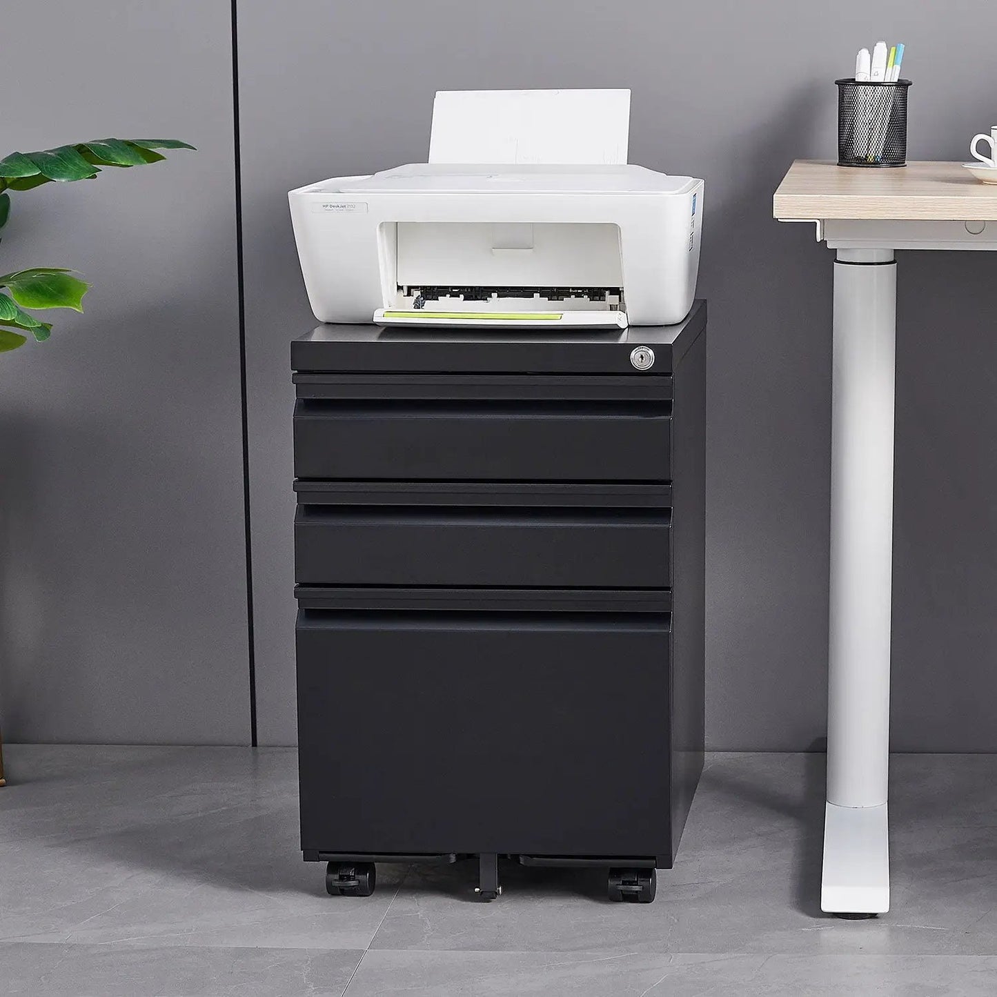 Black metal 3-drawer mobile filing cabinet with lock, caster wheels for legal/letter files on Tampa Home & Garden Store