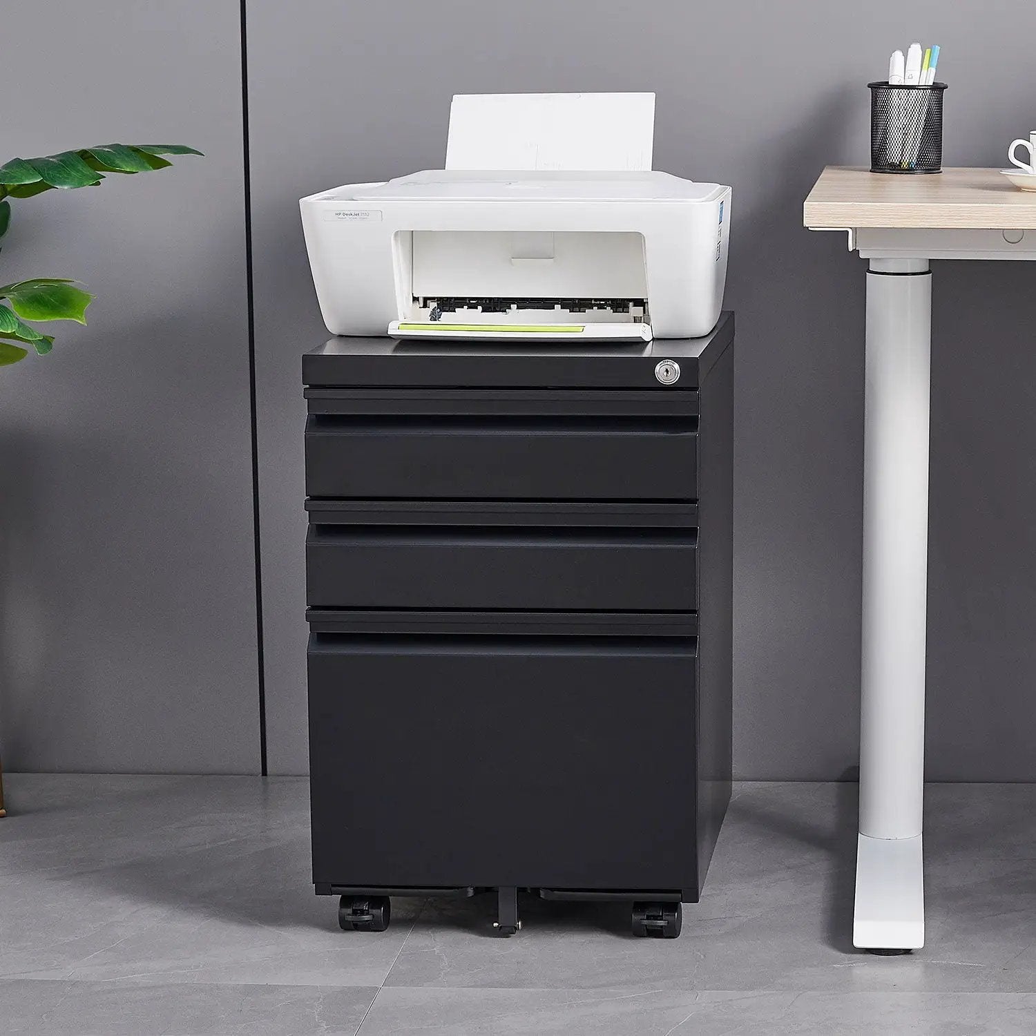 Black metal 3-drawer mobile filing cabinet with lock, caster wheels for legal/letter files on Tampa Home & Garden Store