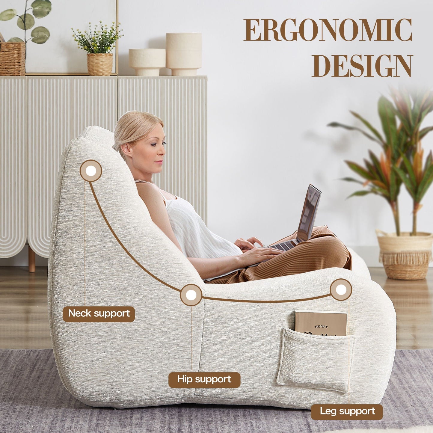 Bean Bag Chair For Adults in cream chenille fabric with neck and hip support on Tampa Home & Garden Store