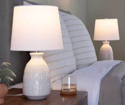 Claudia contemporary lamp set of 2 with white shades and textured ceramic bases HouseOfZazla on Tampa Home & Garden Store