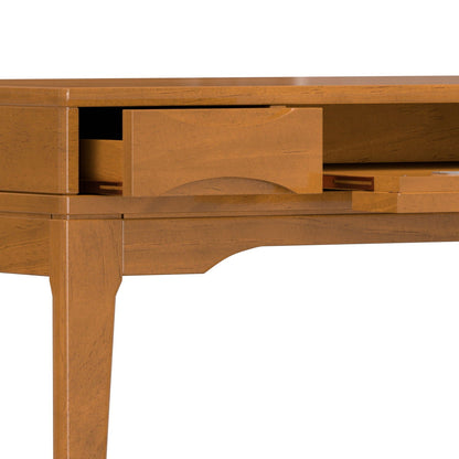 Handcrafted writing desk and keyboard tray in honey wood finish with drawer ajar HouseOfZazla on Tampa Home & Garden Store