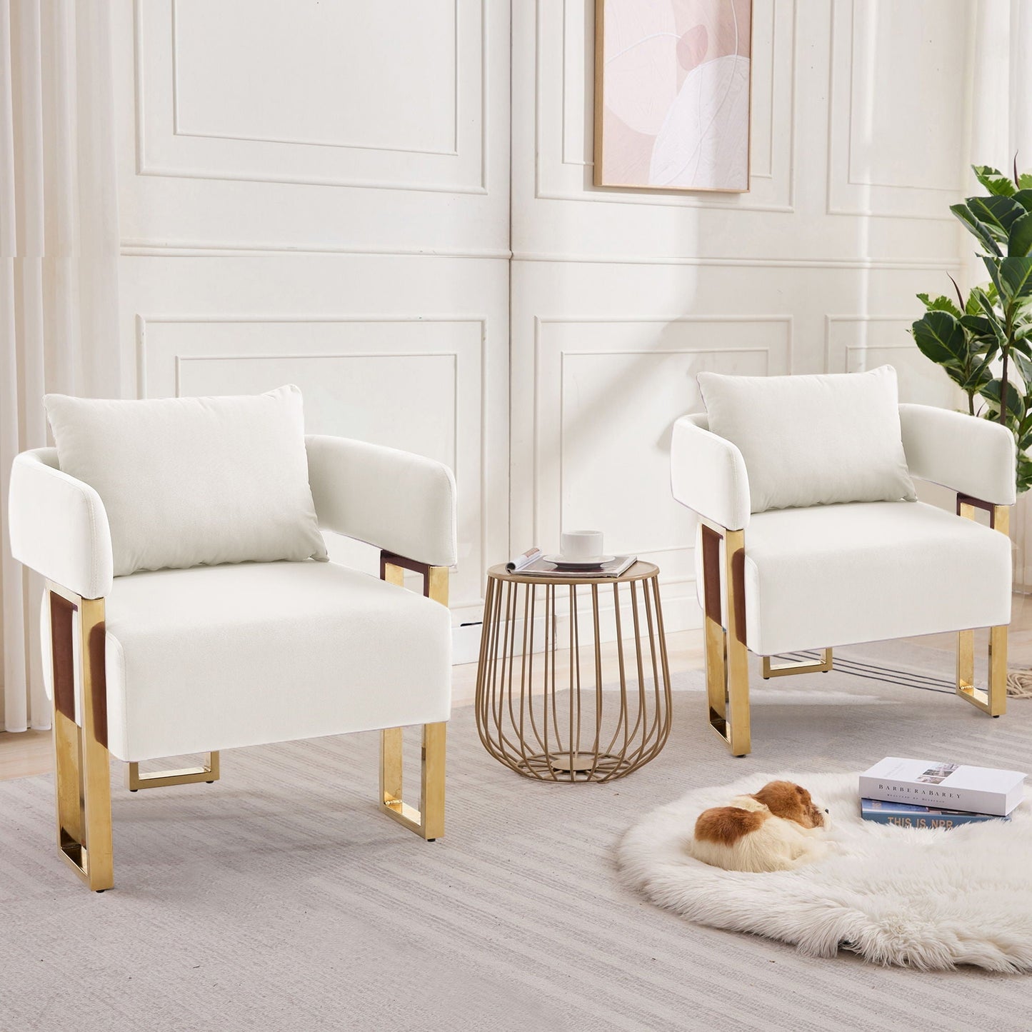Modern Classic Teddy Fleece Upholstered Chair Set, 2 white chairs with gold legs on Tampa Home & Garden Store