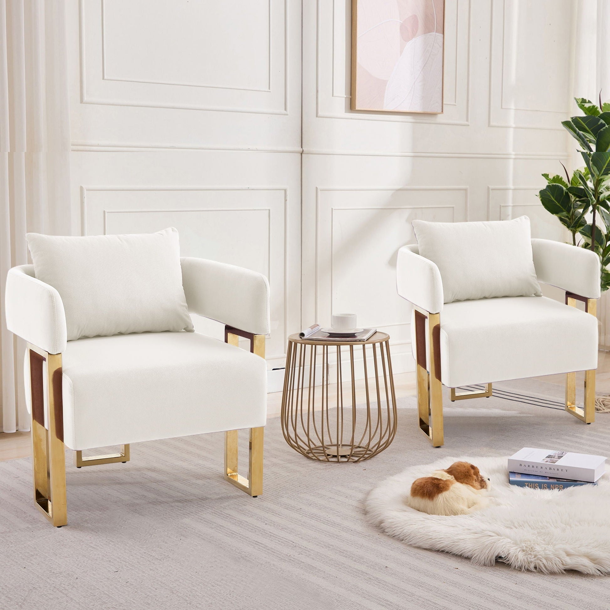 Modern Classic Teddy Fleece Upholstered Chair Set, 2 white chairs with gold legs on Tampa Home & Garden Store