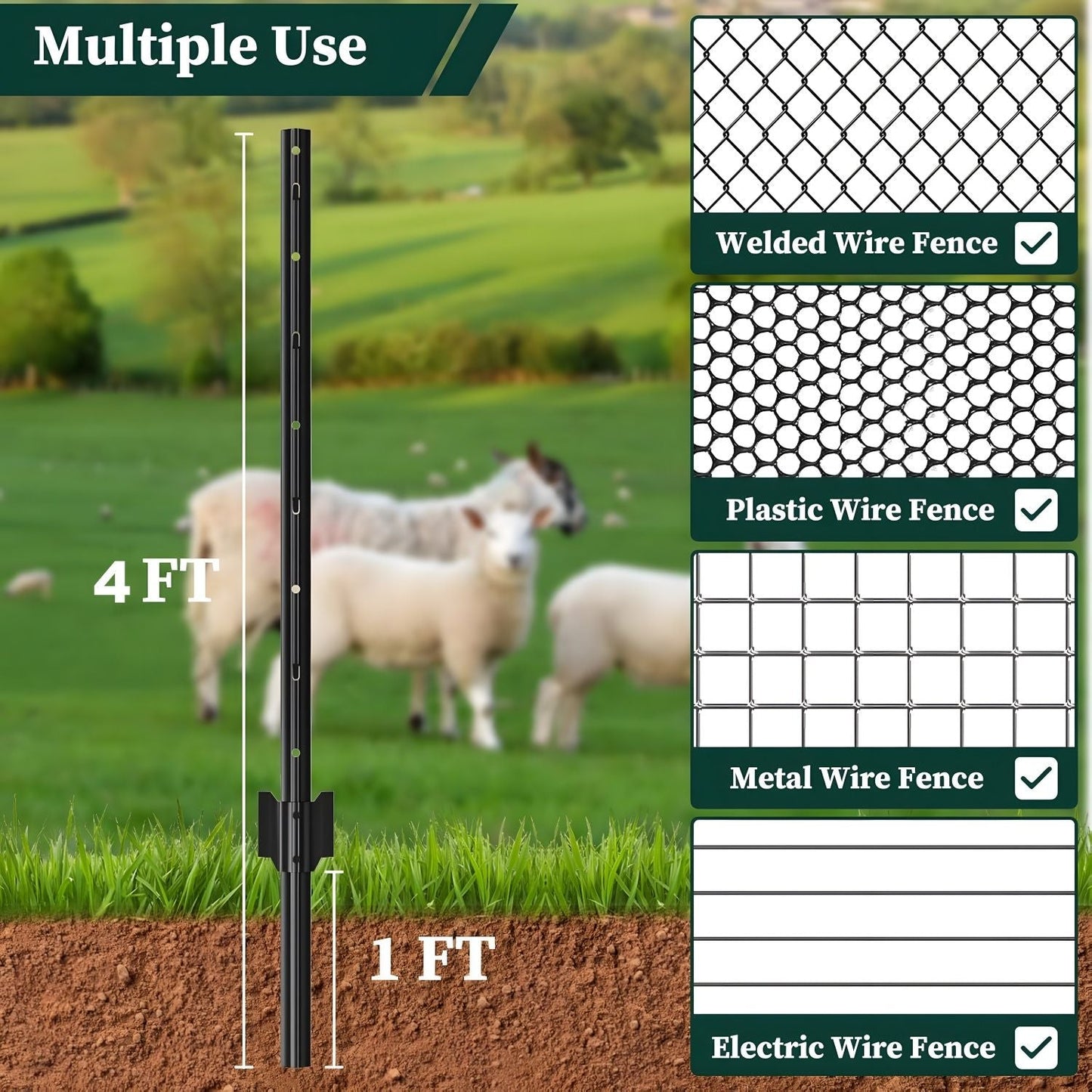 4 ft U-Shaped metal fence post set for wire mesh fencing by HouseOfZazla, black posts with ground stakes on Tampa Home & Garden Store