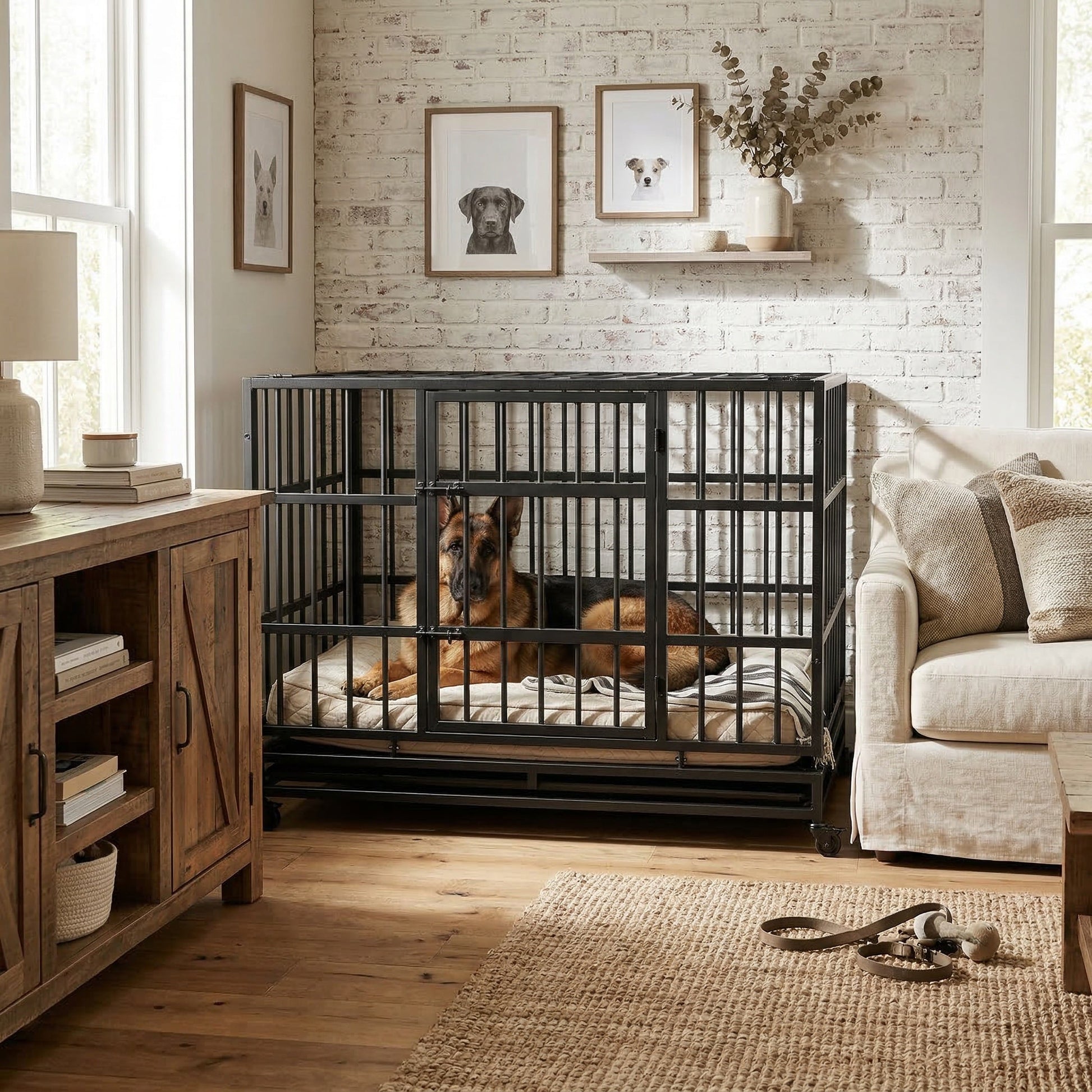 48 Inch Heavy Duty Indestructible Dog Crate with Wheels in black metal for indoors, dog inside on Tampa Home & Garden Store