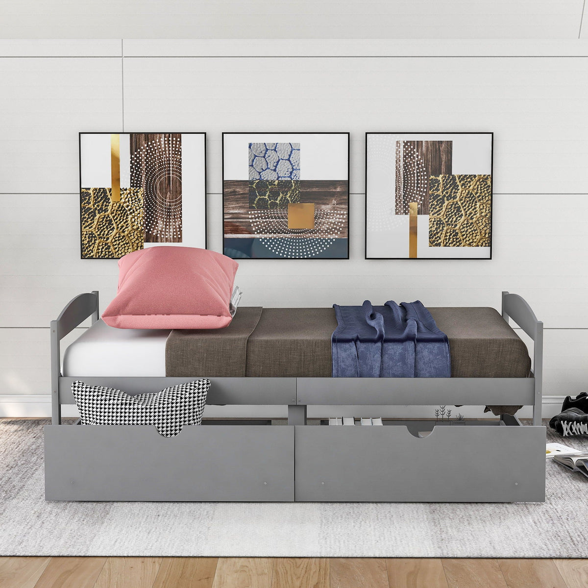 Platform bed with 2 drawers under-bed gray metal frame pink pillow by HouseOfZazla storage beds on Tampa Home & Garden Store