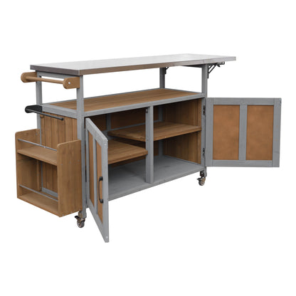 Foldable outdoor kitchen island cart with stainless steel top, gray frame and wooden shelves on Tampa Home & Garden Store