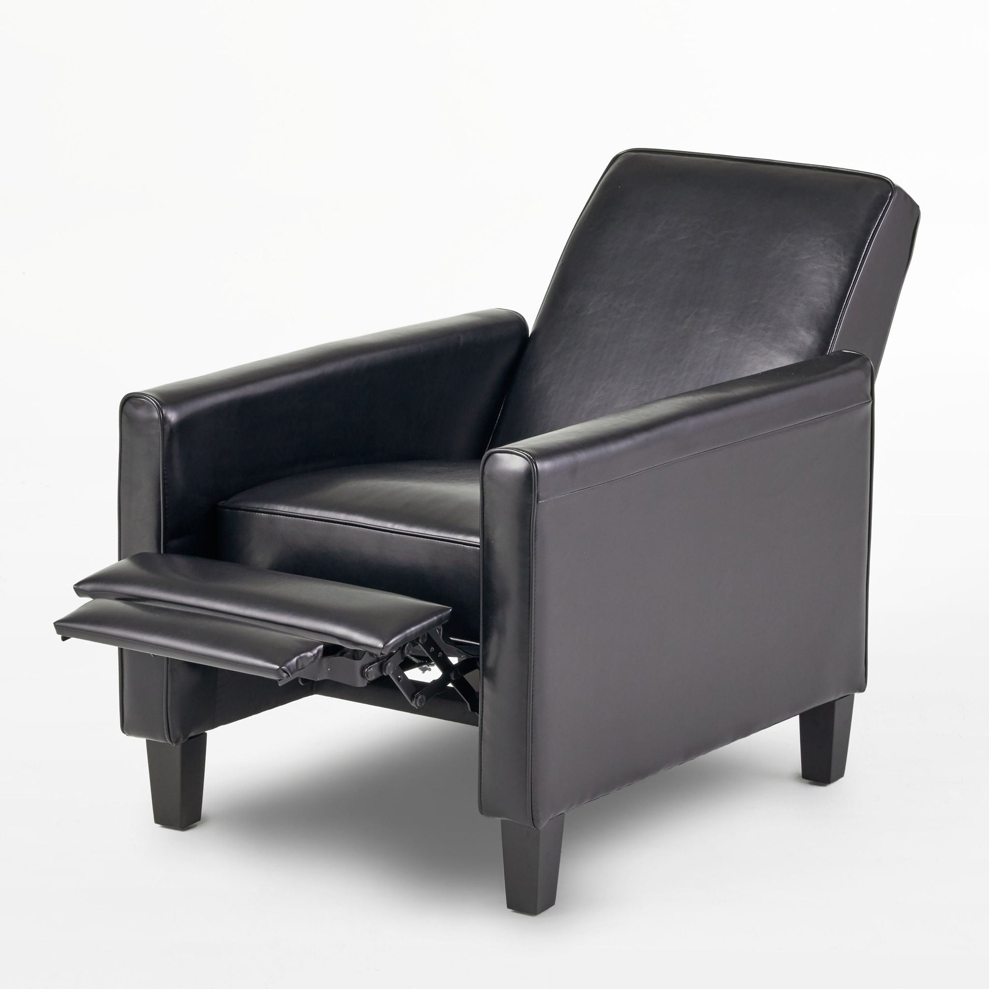 Upholstered push-back recliner chair in black leather with an extended footrest on Tampa Home & Garden Store