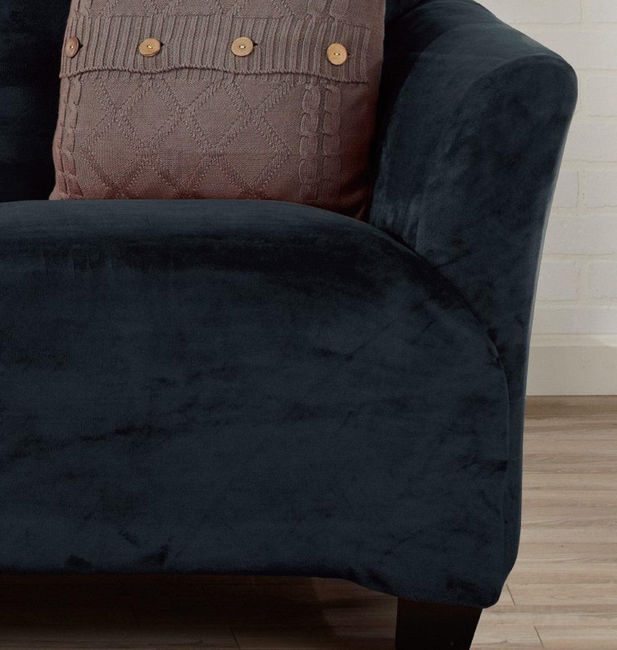 Velvet Stretch Slipcover Gale Collection on navy chair with buttons on Tampa Home & Garden Store