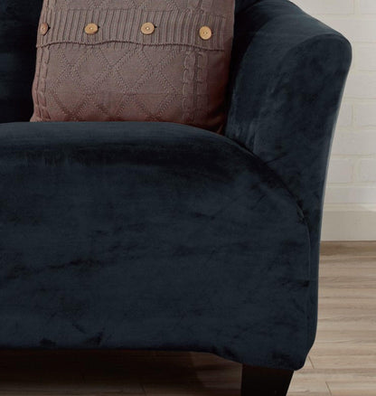 Velvet Stretch Slipcover Gale Collection on navy chair with buttons on Tampa Home & Garden Store