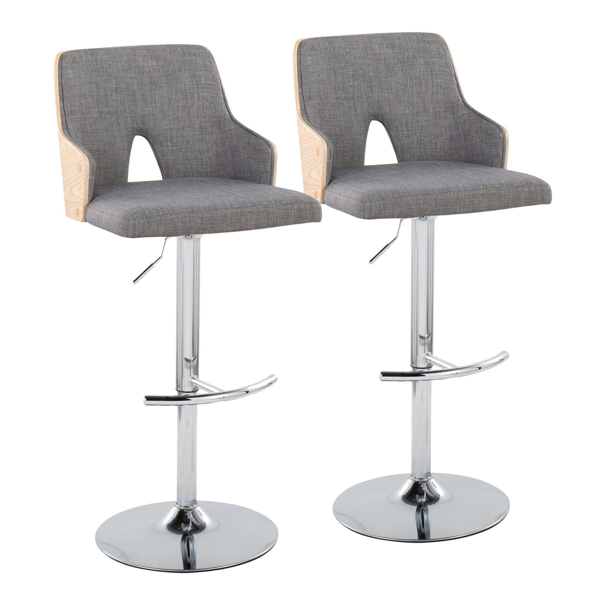 Stella adjustable barstools with swivel, gray fabric upholstery and wooden sides, 2-pack on Tampa Home & Garden Store