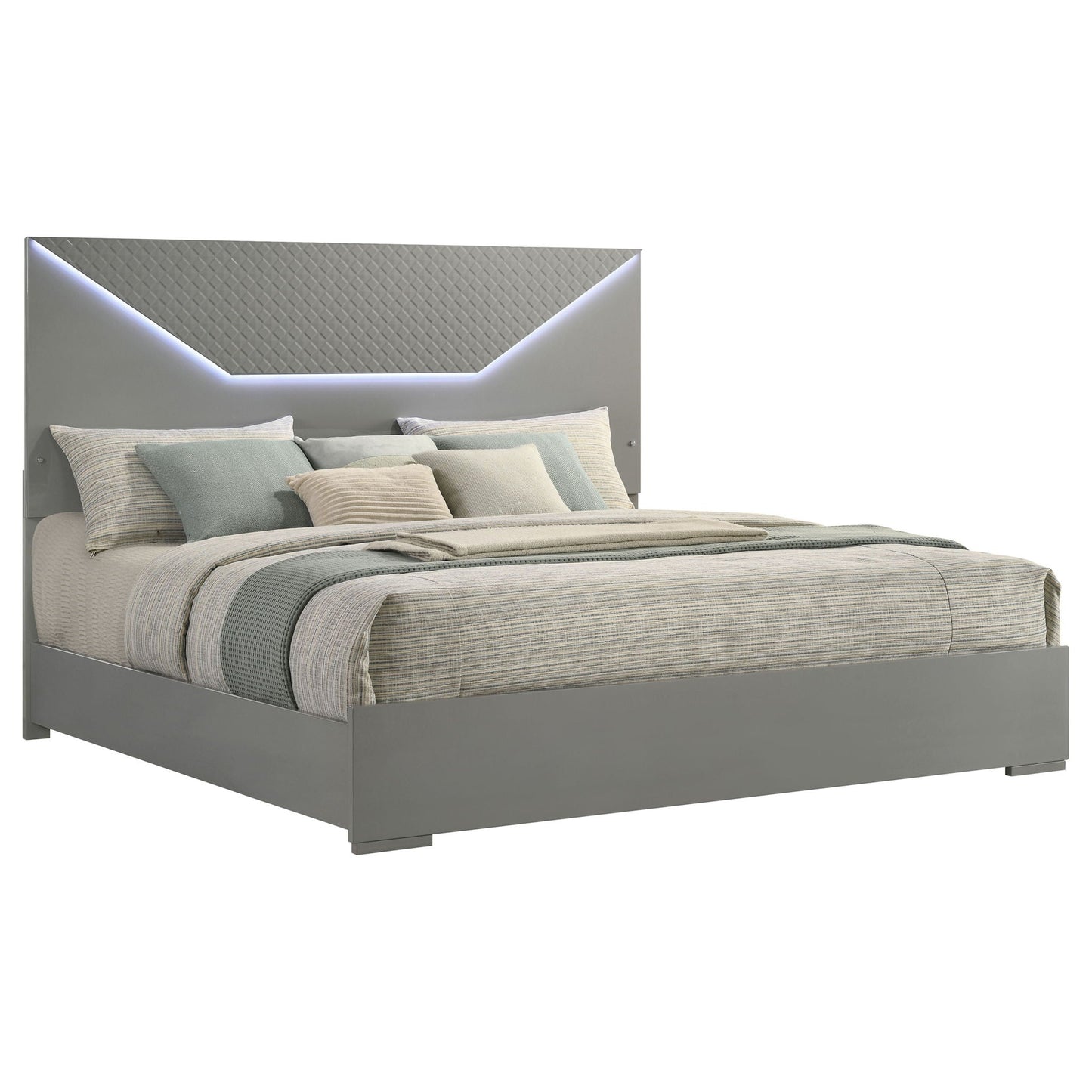 Pierce Panel Bed LED Headboard by HouseOfZazla in gray upholstered finish with LED accents on Tampa Home & Garden Store