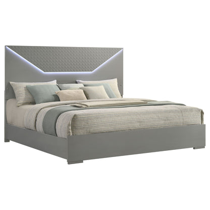 Pierce Panel Bed LED Headboard by HouseOfZazla in gray upholstered finish with LED accents on Tampa Home & Garden Store