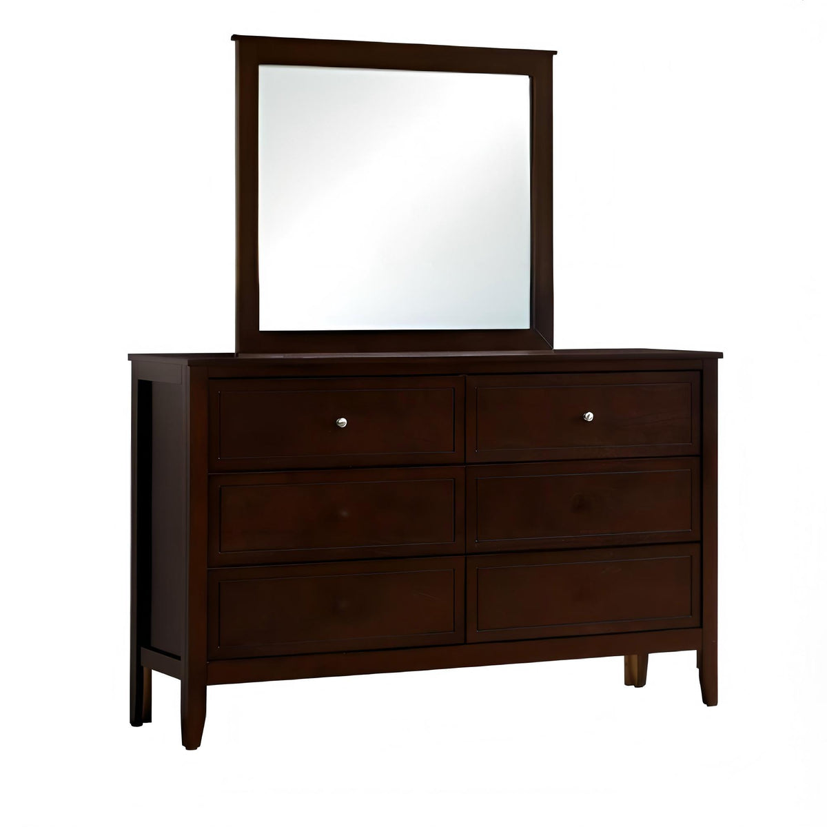 6-drawer dresser with mirror in dark espresso wood finish and metal hardware on Tampa Home & Garden Store