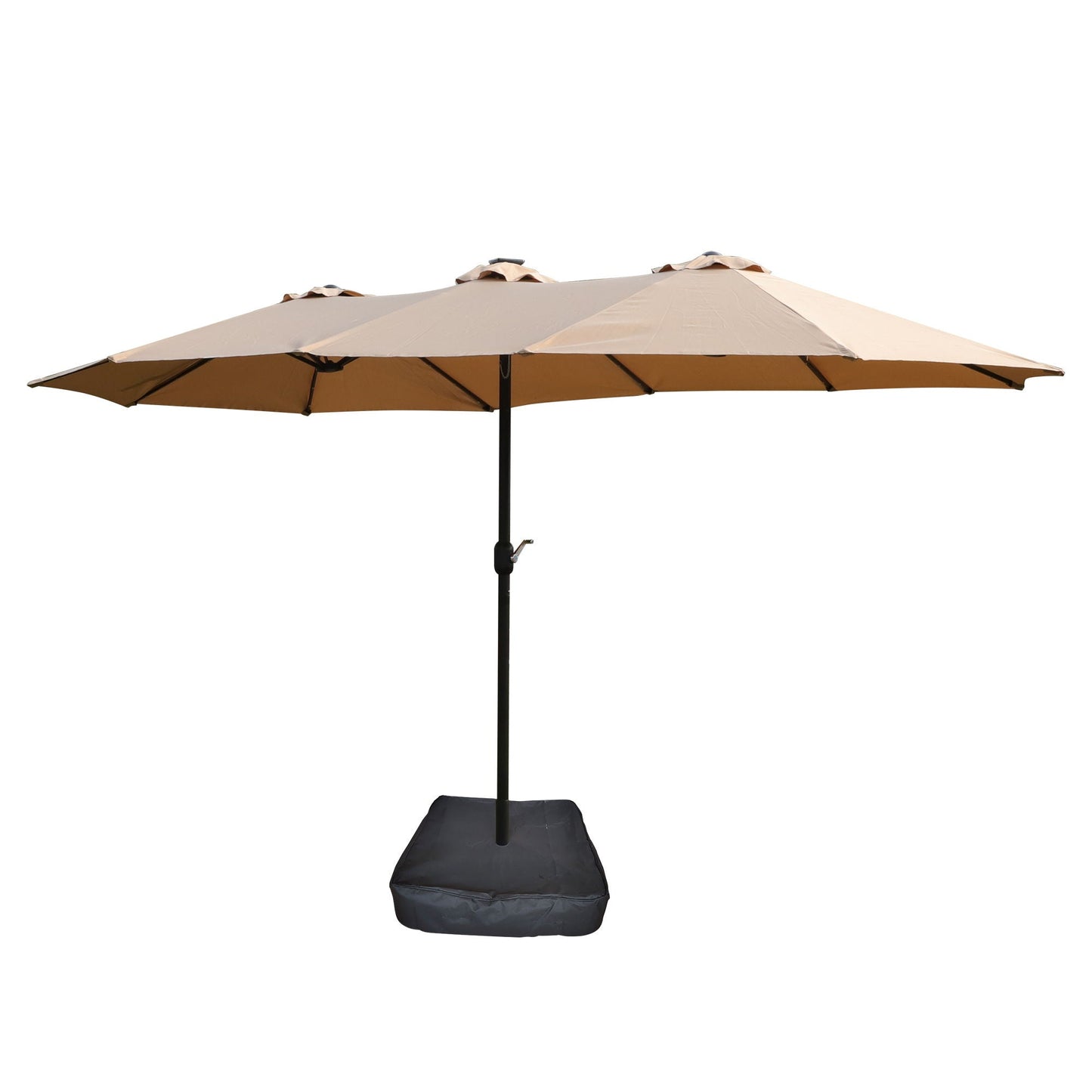 Double-Sided outdoor market umbrella beige with lights and weighted base bag on black pole on Tampa Home & Garden Store