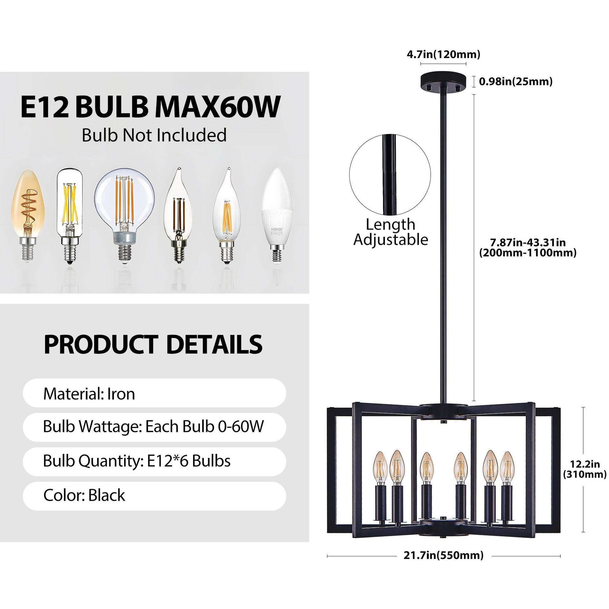 Chandelier 6-Light Modern Black Geometric industrial pendant with adjustable length on Tampa Home & Garden Store