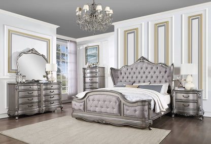 Ariadne upholstered bed by HouseOfZazla in silver-gray tufted velvet with ornate frame on Tampa Home & Garden Store