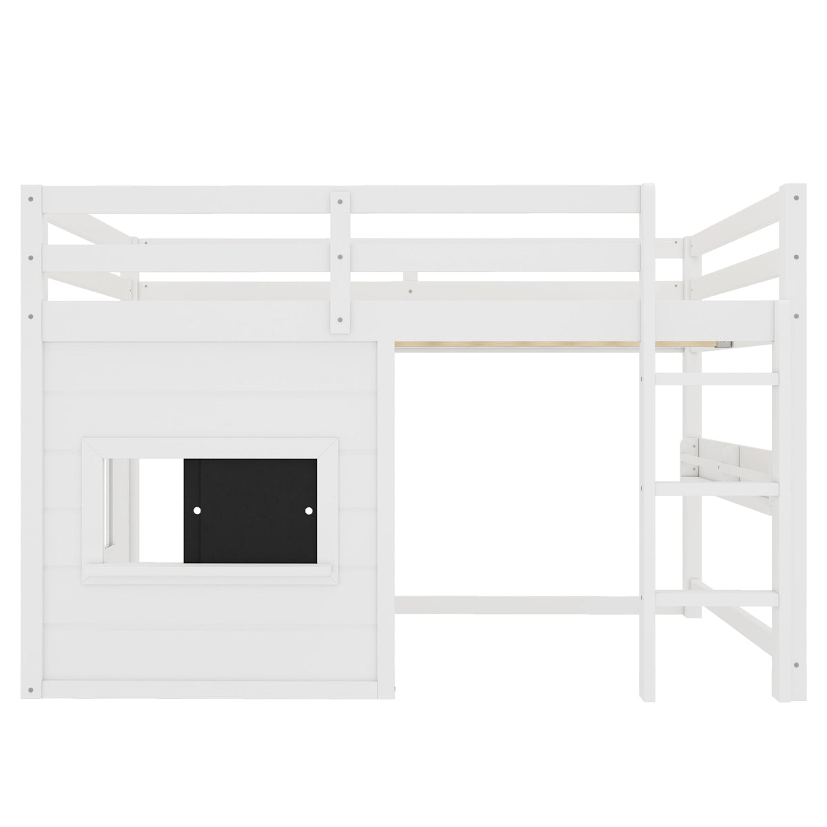 Full size loft bed with sliding chalkboard and bookshelf, white wood, by HouseOfZazla on Tampa Home & Garden Store