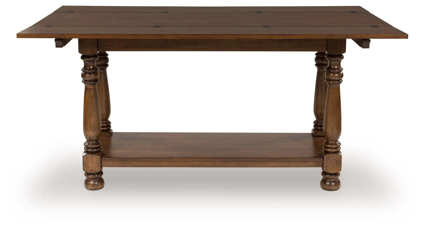 Sturlayne Flip Top Sofa Table brown wood with turned legs and lower shelf on Tampa Home & Garden Store