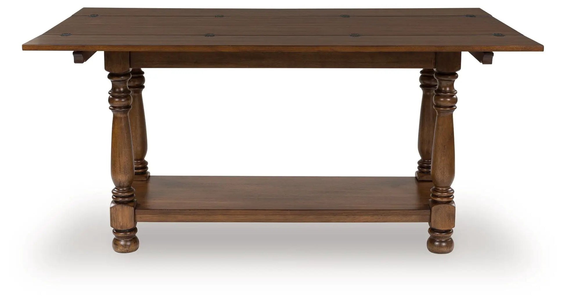 Sturlayne Flip Top Sofa Table brown wood with turned legs and lower shelf on Tampa Home & Garden Store
